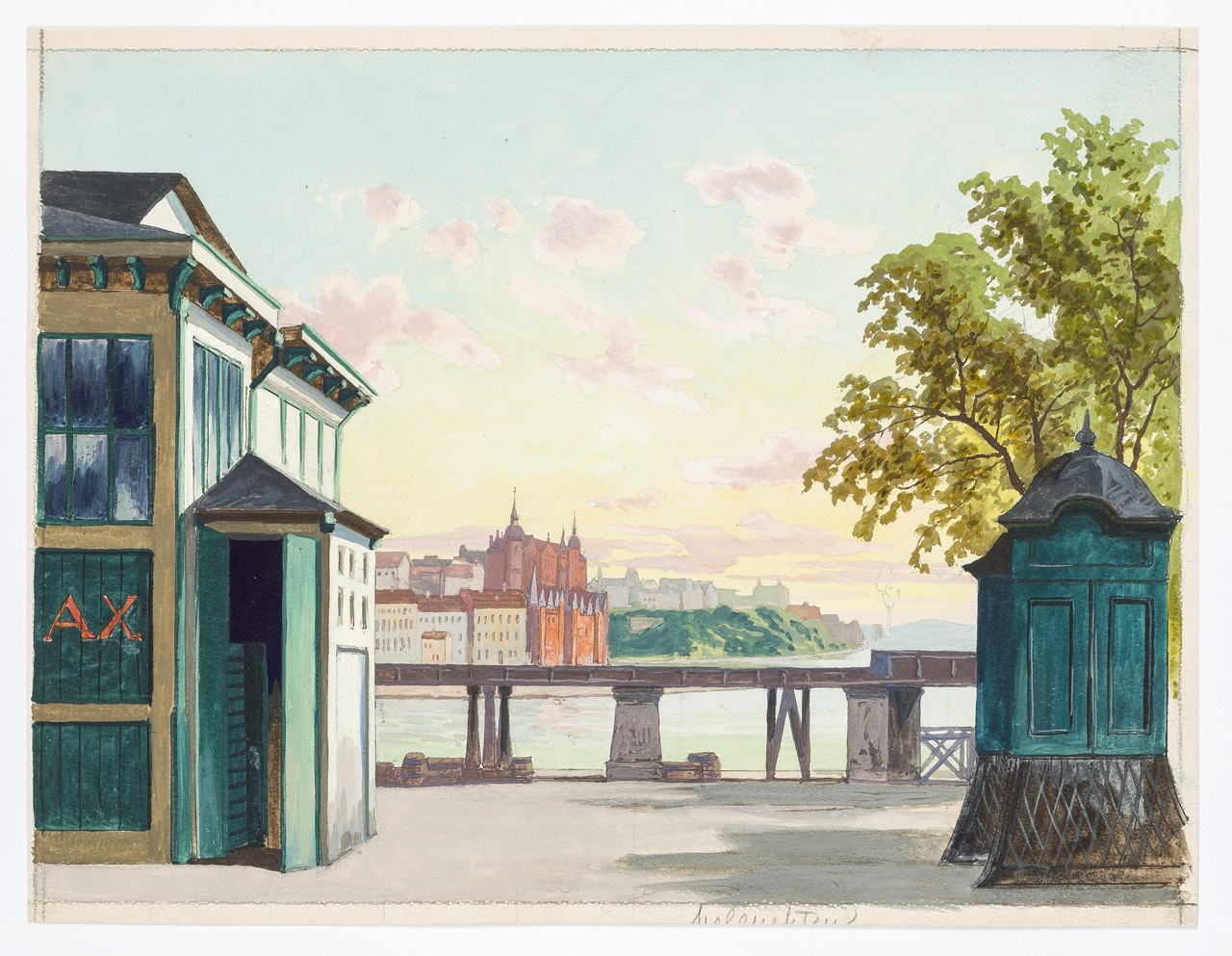 Utsikt från Mälartorget i Stockholm. Scenografiskiss av Carl Grabow från 1916 (Scenkonstmuseet)